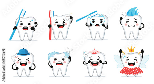 Cute cartoon teeth characters for dental health education material, perfect for kids dentistry promotions