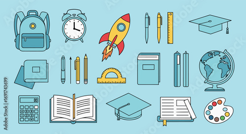 Inspire students with education icons of books, rocket, calculator, and globe for bright learning concepts