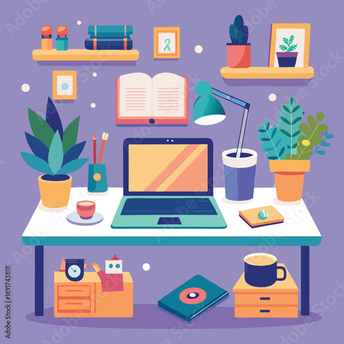 Flat design desk with laptop plants and art supplies on purple background books