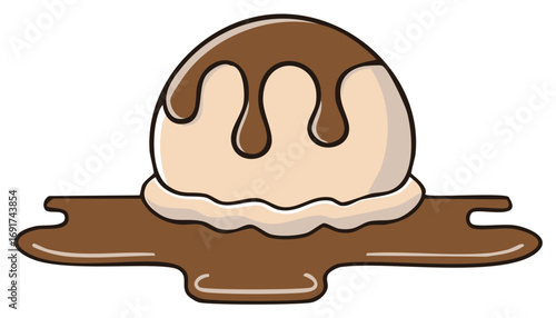Ice cream scoop with chocolate sauce dripping, melting ice cream dessert