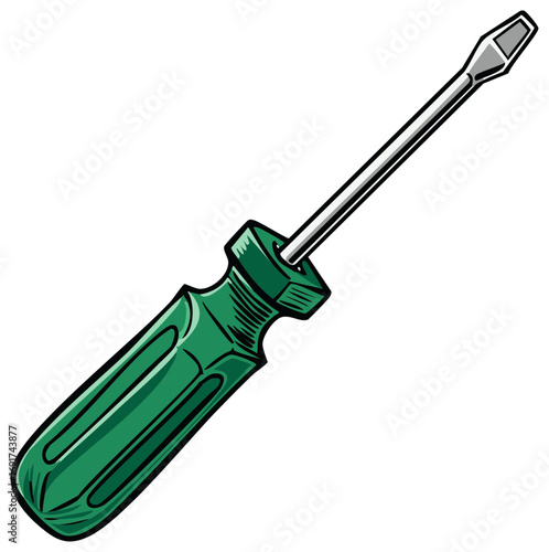 Single Green Handheld Screwdriver Tool with Metal Shaft and Flathead Tip