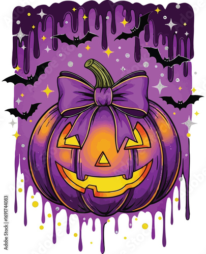 Whimsical purple Halloween pumpkin with a large bow, bats and dripping purple goo jack-o-lantern spooky T-shirt design 