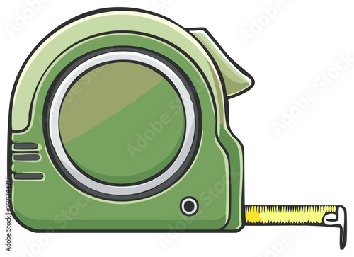 Green cartoon tape measure graphic with extended tape showing measurements