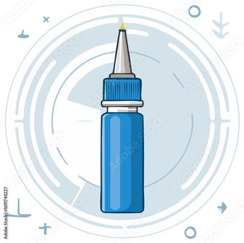 Blue bottle with nozzle for nasal drops or liquid medication, in a science-style frame