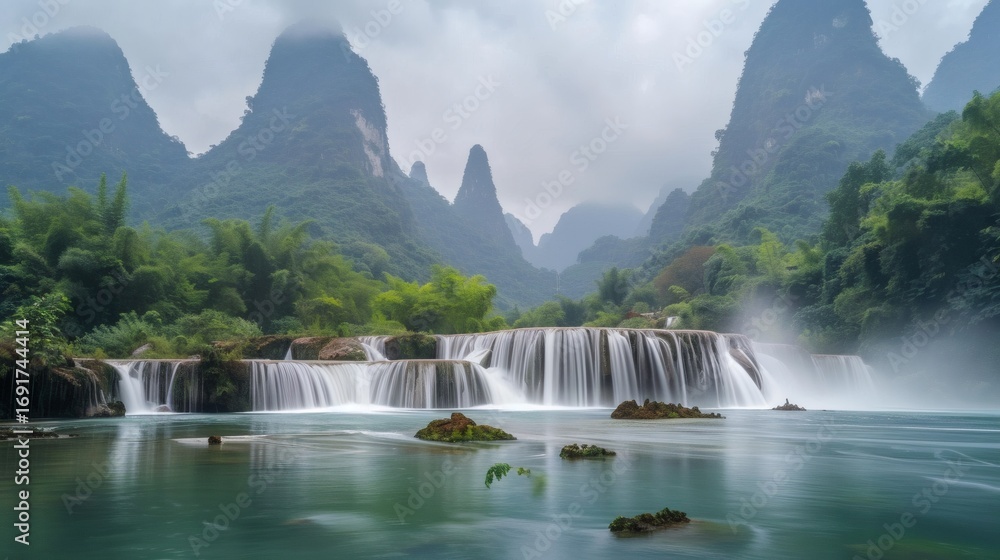 Fototapeta premium Majestic waterfall cascades down lush green mountains in a serene natural landscape