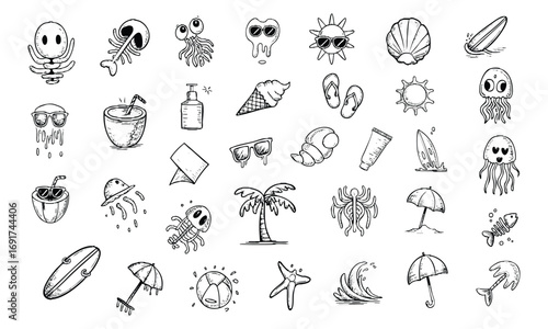 Hand drawn doodle summer beach icons set vintage style illustration vector