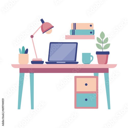 Flat illustration of a tidy desk with laptop lamp and plants flat design