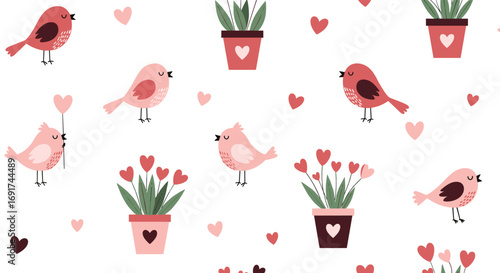Sweet birds and heart flowers seamless pattern brings joyful spring and love to your creative project