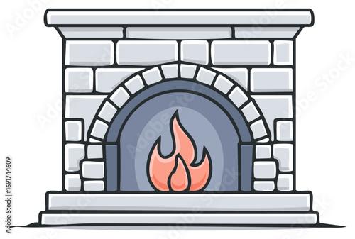 Traditional gray stone fireplace with a bright glowing fire cartoon illustration