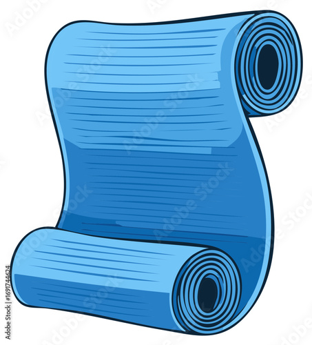 Rolled blue yoga mat with textured surface and rounded edges on white