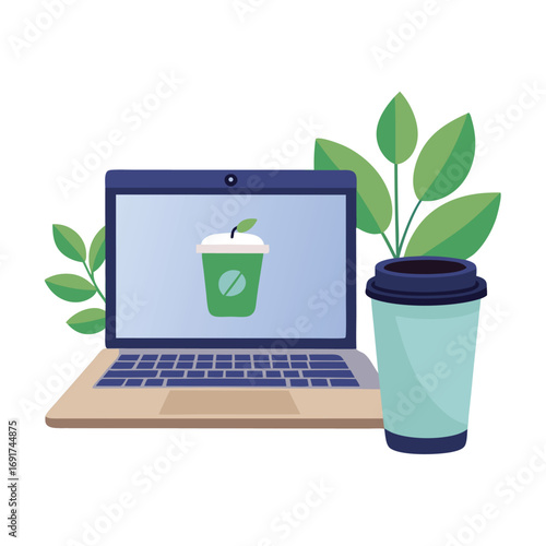 Laptop with reusable coffee cup and green leaves on desk computer reusable cup