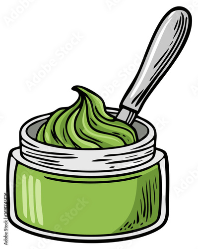 Vibrant green organic skincare cream swirled in a glass jar with an applicator illustration
