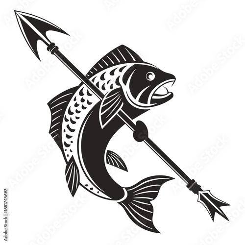 Black Silhouette of a Fish Impaled by a Spear on White Background Keywords: fish, spear, impaled
