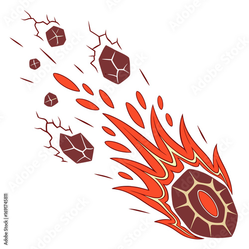 Cartoon meteor shower with fiery impact and debris on white background Keywords: meteor, meteorite