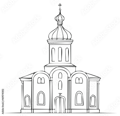 Simple line art drawing of a traditional Orthodox church with an onion dome and cross