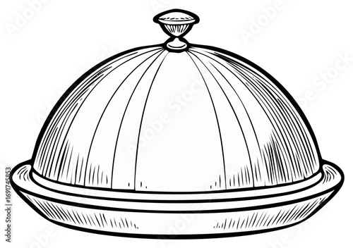 Classic food cloche on a serving platter in a vintage hand drawn engraving style illustration