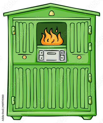 Whimsical green wood pellet boiler burning with flames inside an alternative renewable energy heating system