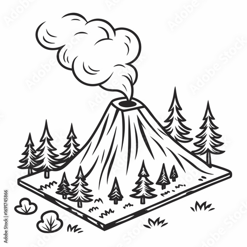 Cartoon volcano erupting smoke surrounded by trees on white background eruption mountain