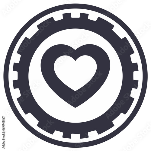 Heart shape enclosed within a gear wheel symbol representing industrial love or caring for machinery