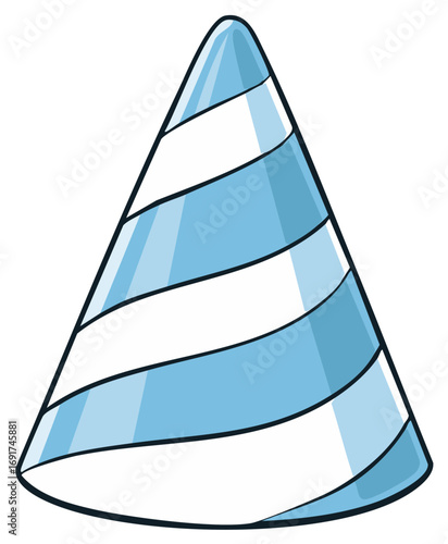 Cartoon illustration of a light blue and white striped conical party hat for celebrations