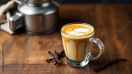 Macchiato in a clear espresso cup, wooden surface with caramel drizzle and vanilla bean nearby