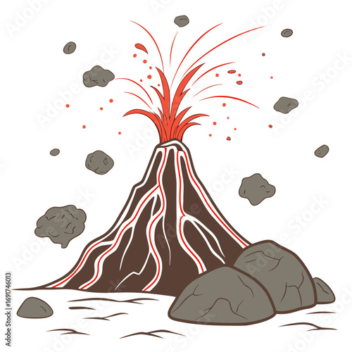 Cartoon volcano erupting with lava rocks and ash spewing Keywords: volcano, eruption, lava, rocks