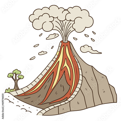 Cartoon volcano erupting with lava flow and smoke clouds eruption magma