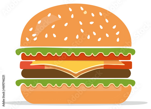 Classic American cheeseburger with beef patty, melted cheese, lettuce and tomato on a sesame seed bun illustration