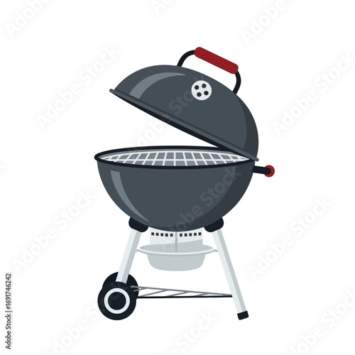 Charcoal Grill with Open Lid and Red Handle