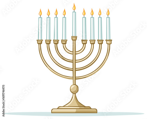 Cartoon style menorah illustration with burning candles.