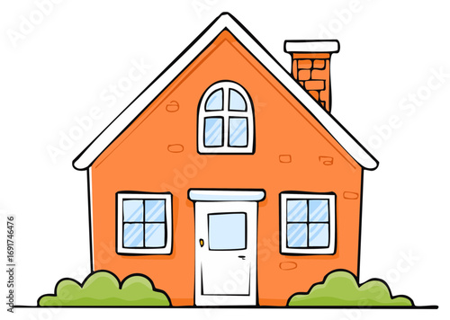 Orange house with chimney roof windows door and green bushes vector illustration