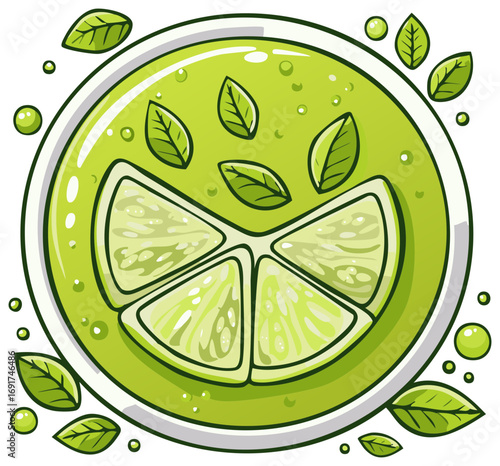 Refreshing Green Lime Slice with Mint Leaves and Bubbles