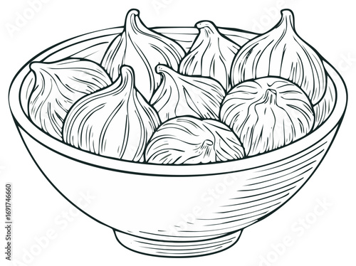 Hand drawn line art illustration of fresh figs in a bowl vintage style
