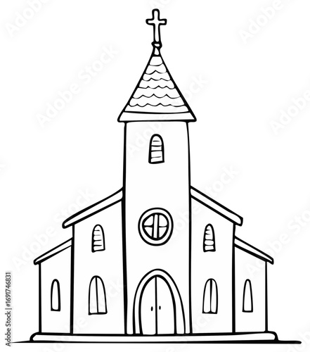 Simple line drawing of a church building with a steeple and cross