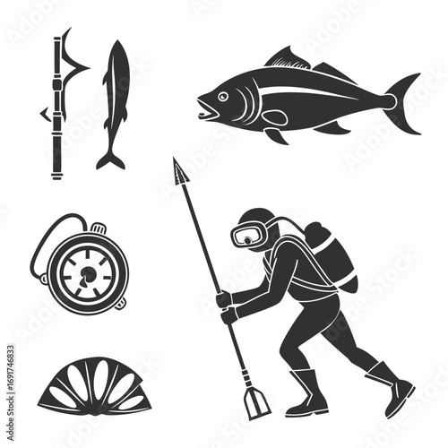 Collection of five spearfishing elements including diver fish and equipment on white background