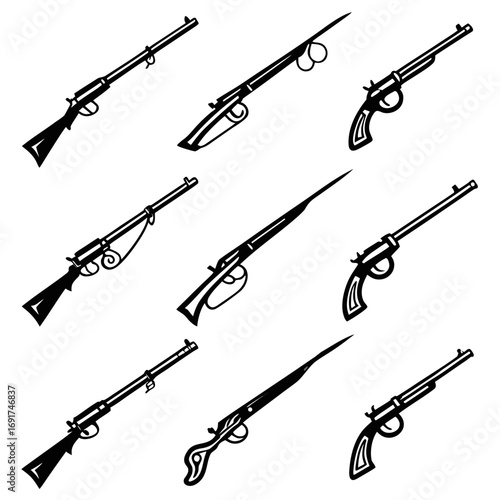 Collection of nine vintage rifle and revolver weapon icons on white background Keywords: rifle, gun