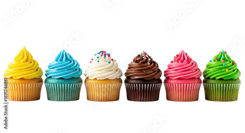 Row of colorful frosted cupcakes isolated on transparent background