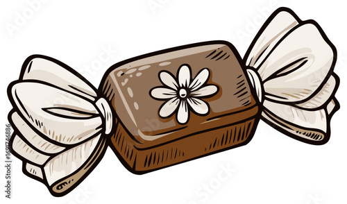 Wrapped Chocolate Candy Decorated with Flower Graphic in Cartoon Style