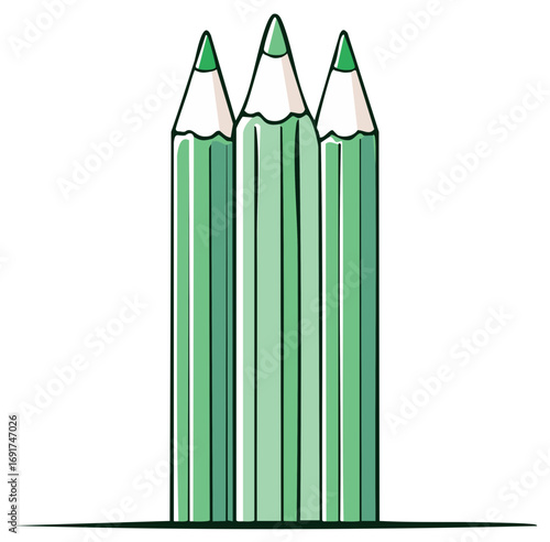Three vibrant green pencils standing upright clean illustration for creativity and education concepts
