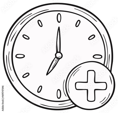 Hand drawn clock face with plus symbol indicating time extension or addition