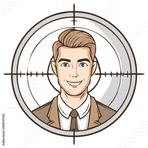Smiling professional man in business suit inside a target scope crosshairs illustration