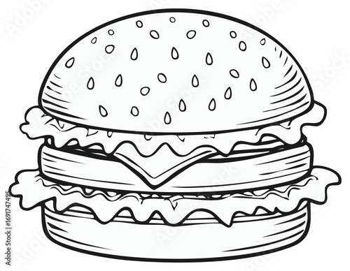 Detailed Line Art Illustration of a Double Stacked Burger with Lettuce and Cheese