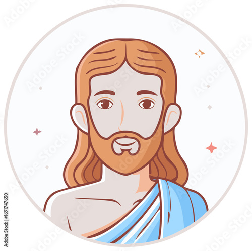 Cartoon illustration of a religious figure with a long beard and flowing hair inside a circle.