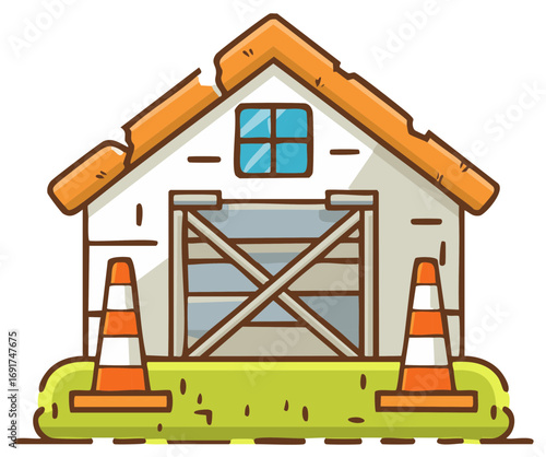 Cartoon illustration of a building with road cones indicating construction or repair work.
