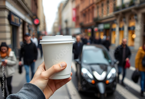 Wallpaper Mural A hand holds a white paper coffee cup with a lid on a busy city street with pedestrians and a car in the background. Torontodigital.ca