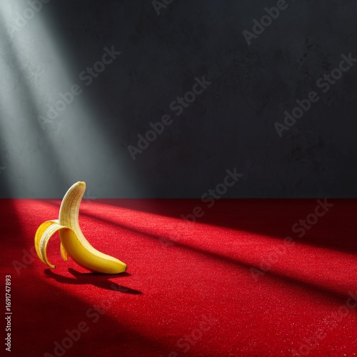Bright Yellow Banana on Red Carpet with Dramatic Shadow Effects