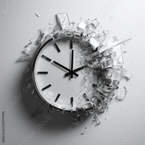 Broken Clock with Shattered Glass on White Background