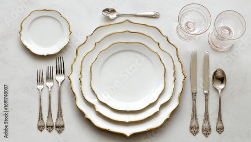 Elegant white and gold dinnerware set displayed on a light gray surface