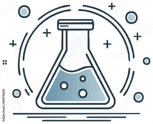 Stylized Erlenmeyer Flask with Liquid Bubbles and Scientific Graphics