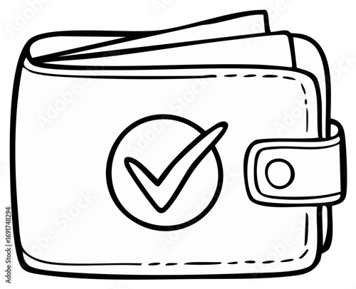 Black and white cartoon wallet with a checkmark symbol for approved payments and financial security
